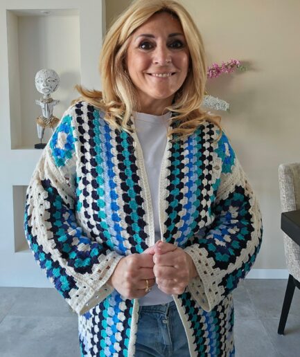 Crochet lange vest blauw