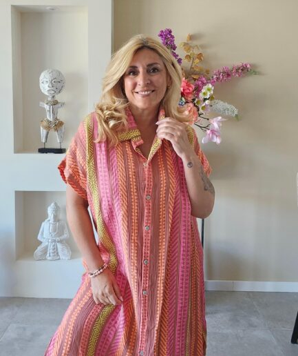 Wafelstof jurk koraal aztek print