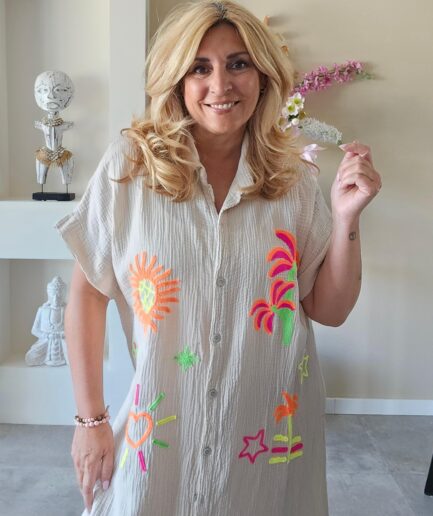 Wafelstof jurk beige