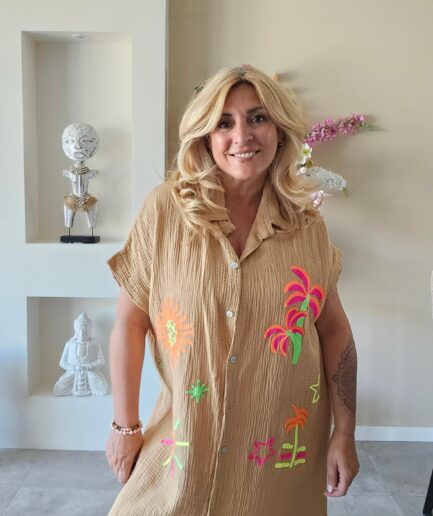 Wafelstof jurk camel